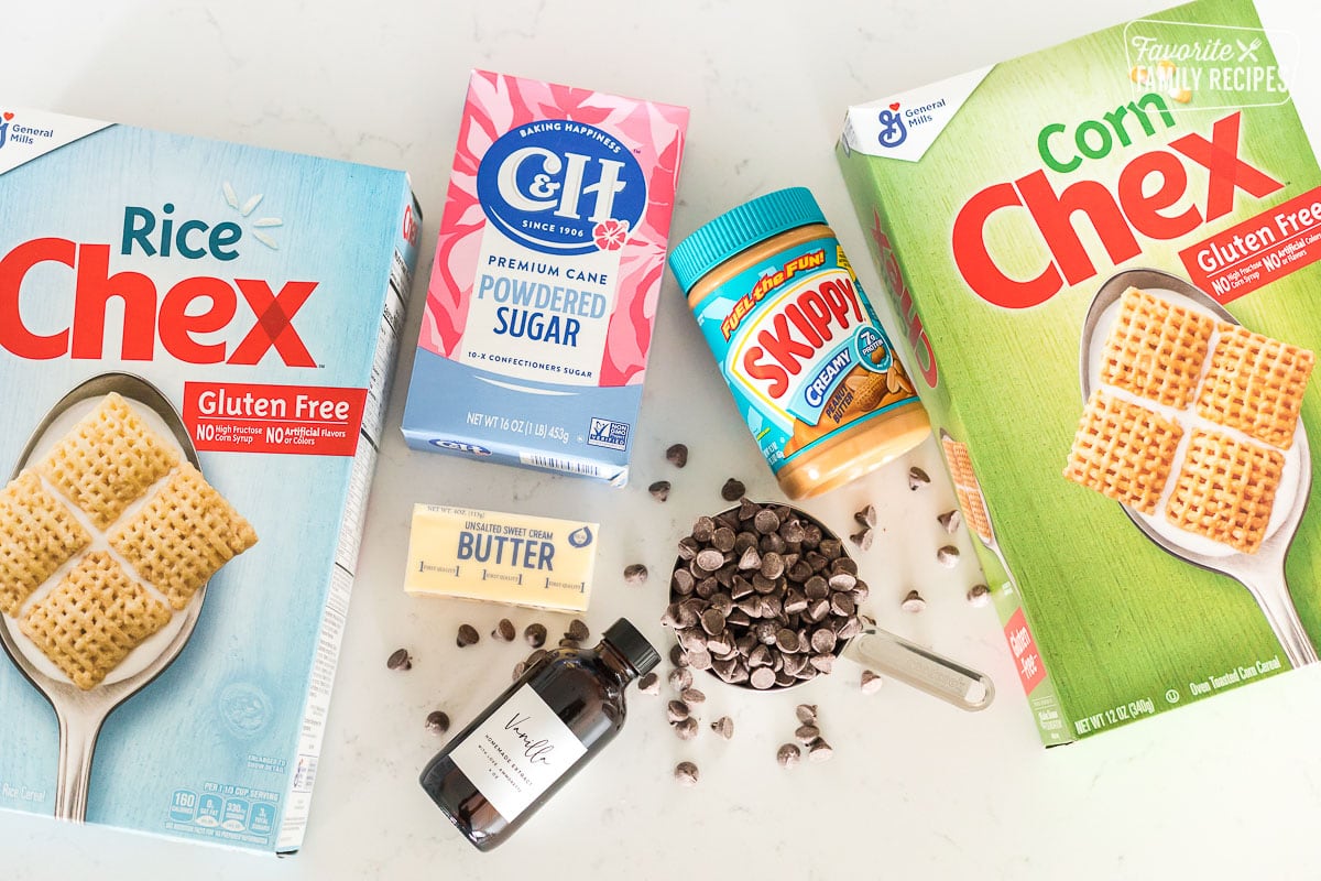 Ingredients to make muddy buddies including Chex, chocolate chips, and peanut butter