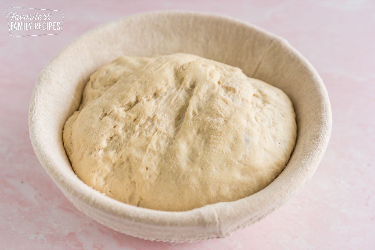 Risen sourdough bread in a proofing basket