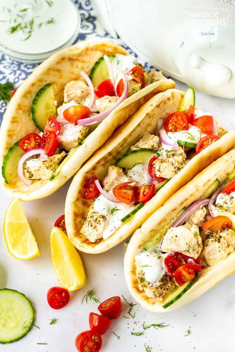 Chicken Gyro with tzatziki sauce, tomatoes, cucumbers, red onion and dill.