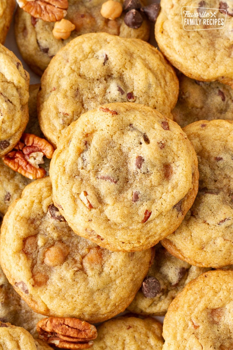 Close up of multiple Turtle Cookies.