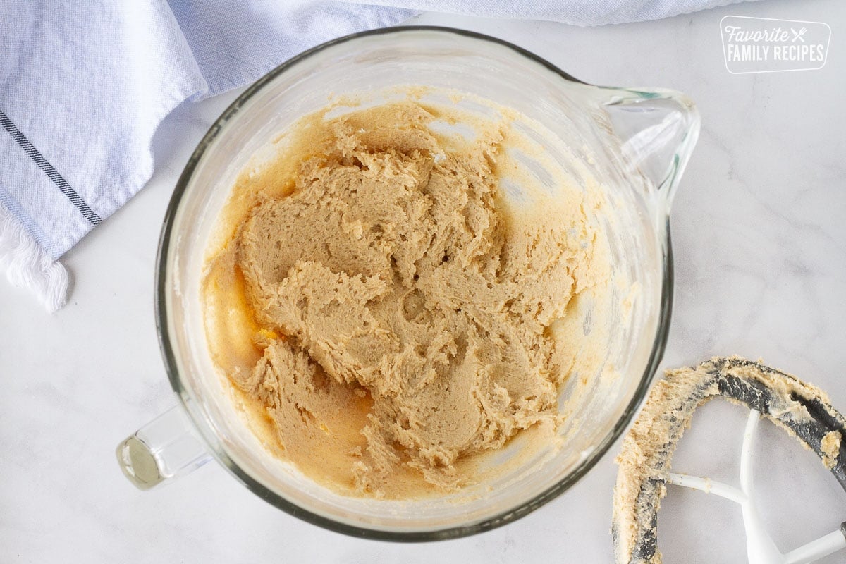 Mixing bowl of creamed sugars and butter for Turtle Cookies.