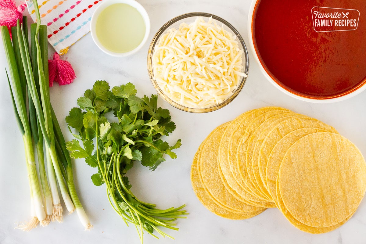 Ingredients to make Easy Cheese Enchilada including green onions, cilantro, cheese, tortillas, oil and homemade enchilada sauce.