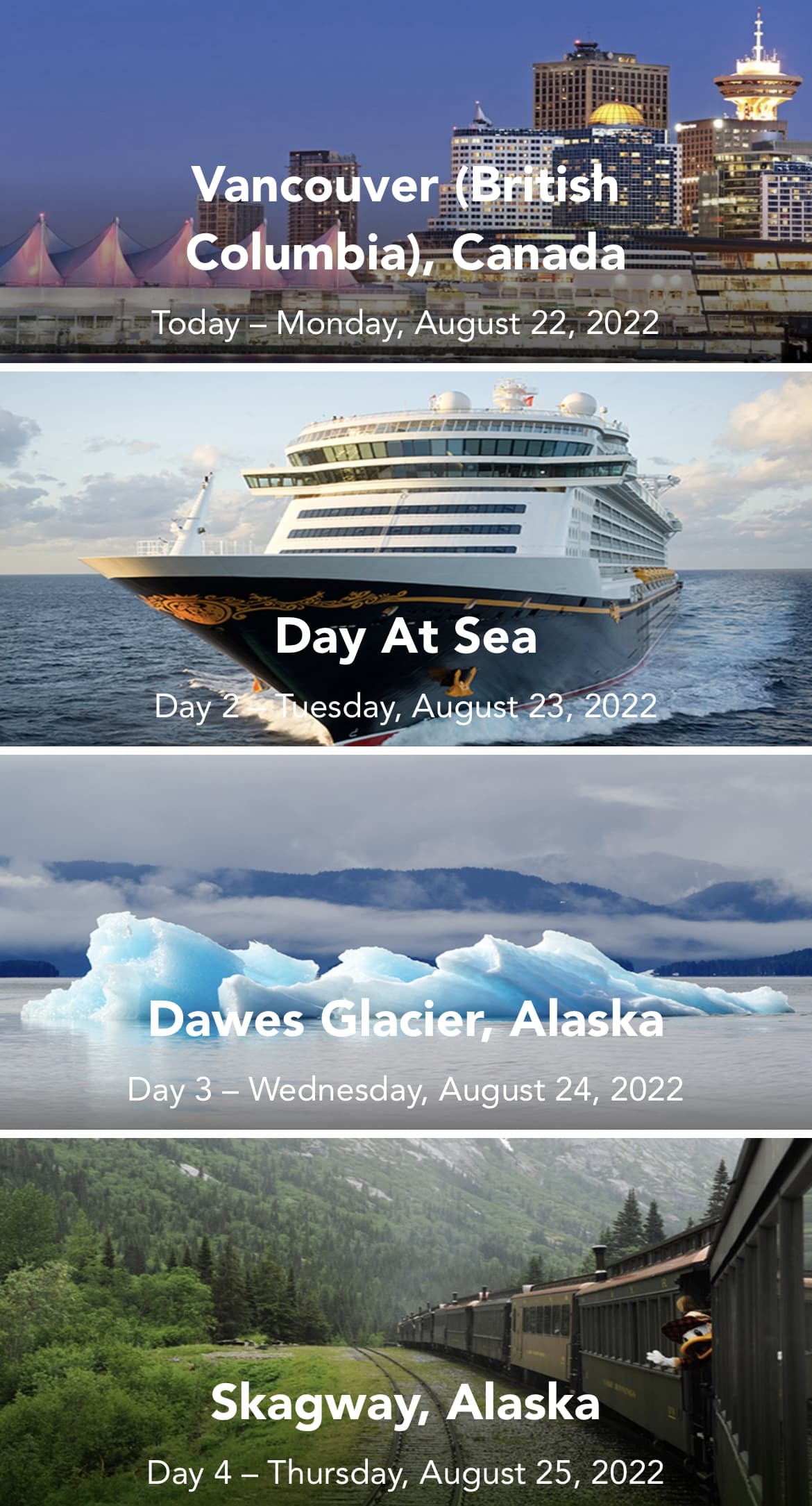 A collage showing the Disney Wonder Alaska itinerary with pictures of the ship and stop highlights.