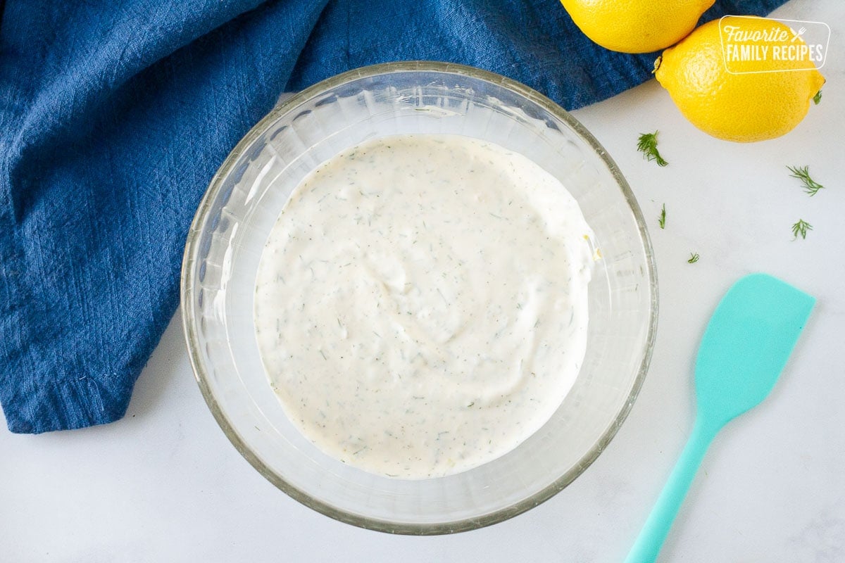 Bowl of Homemade Tartar Sauce next to a spatula.