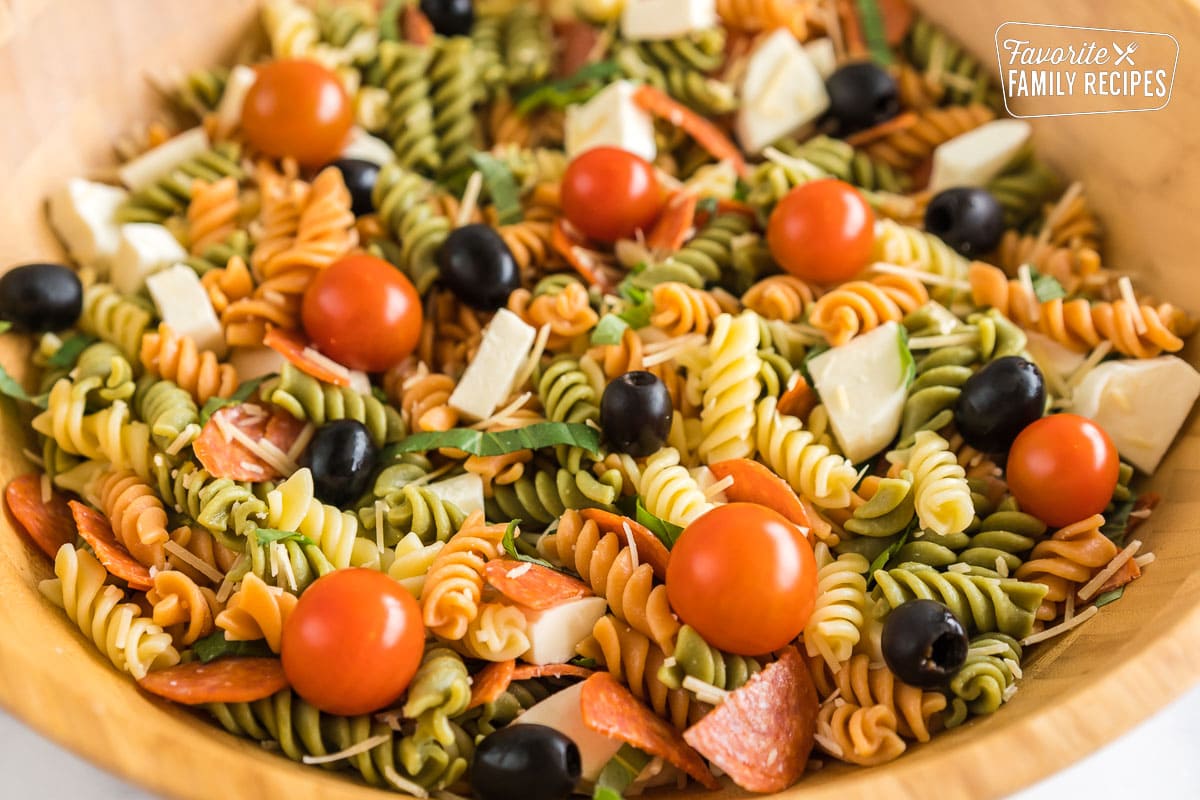 close up view of pizza pasta salad