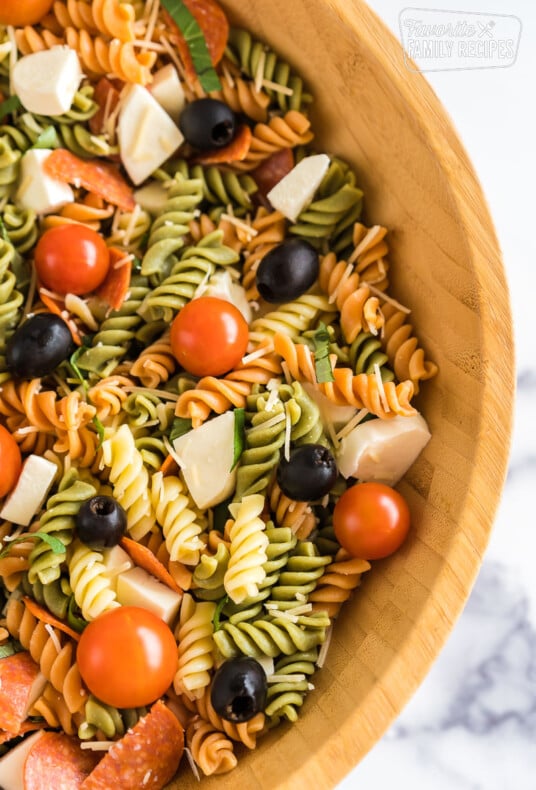 large bowl of pizza pasta salad