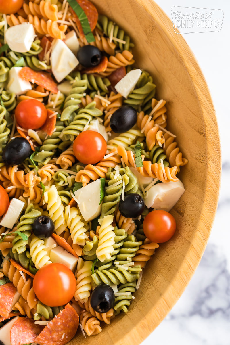 large bowl of pizza pasta salad