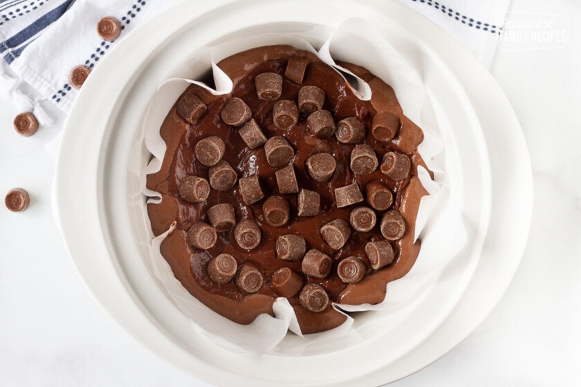 Rolos on the top layer of the crockpot for Crockpot Lava Cake.