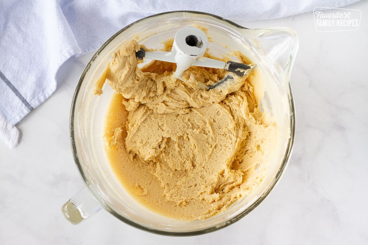 Mixing bowl with Turtle Cookie batter without the mix ins.