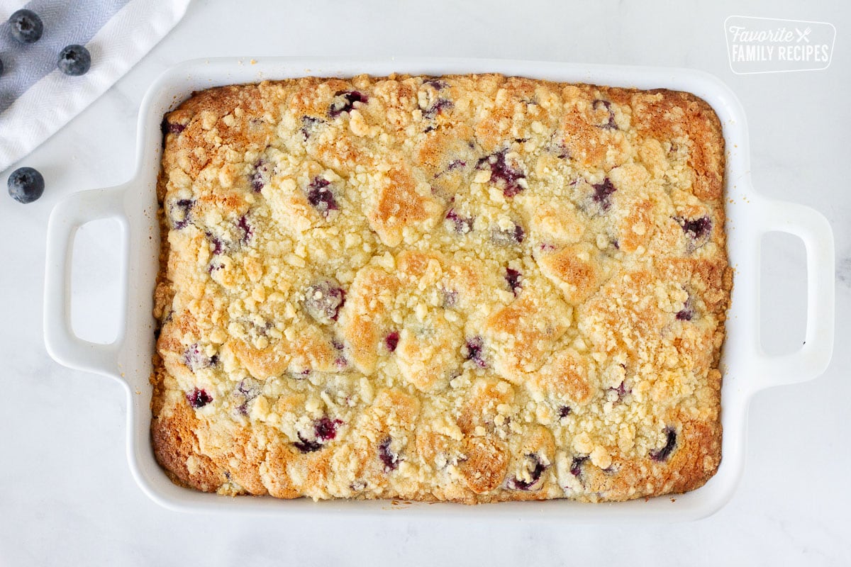 Baking dish with baked Blueberry Coffee Cake.
