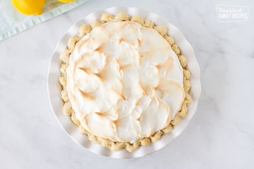 Baked to a light brown Lemon Meringue Pie.