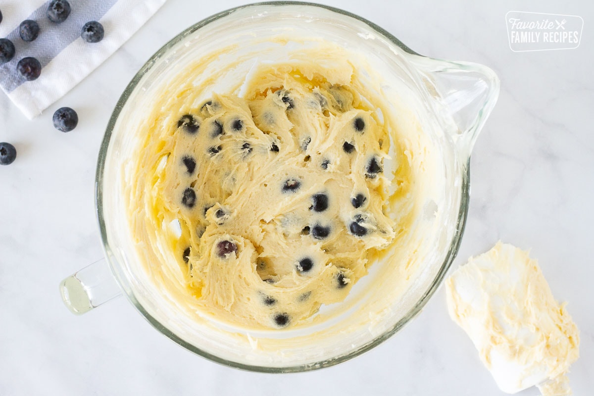 Mixing bowl with combined Blueberry Coffee Cake batter.