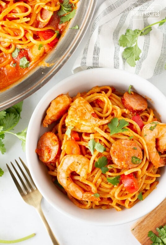 Bowl of Jambalaya Pasta with cilantro.