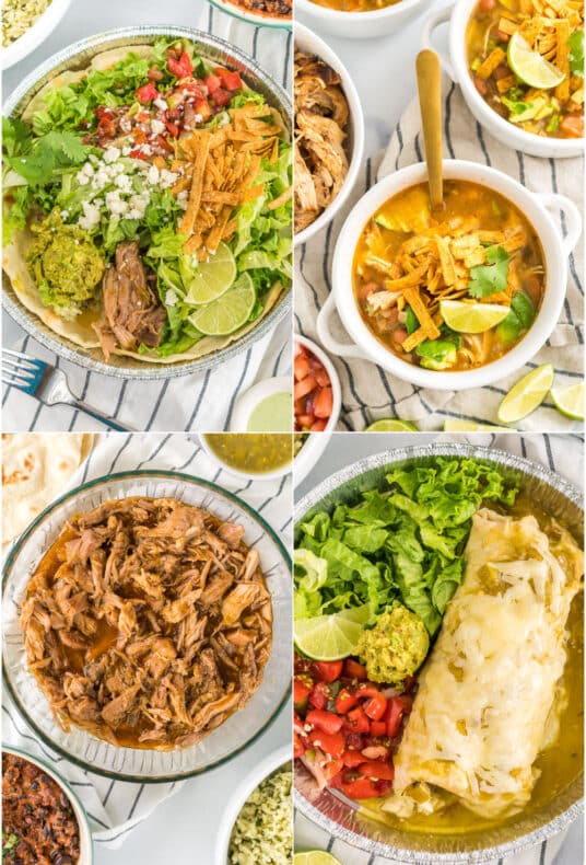 Tall collage of Cafe Rio Recipes featuring salad, burritos, soup, and sweet pork