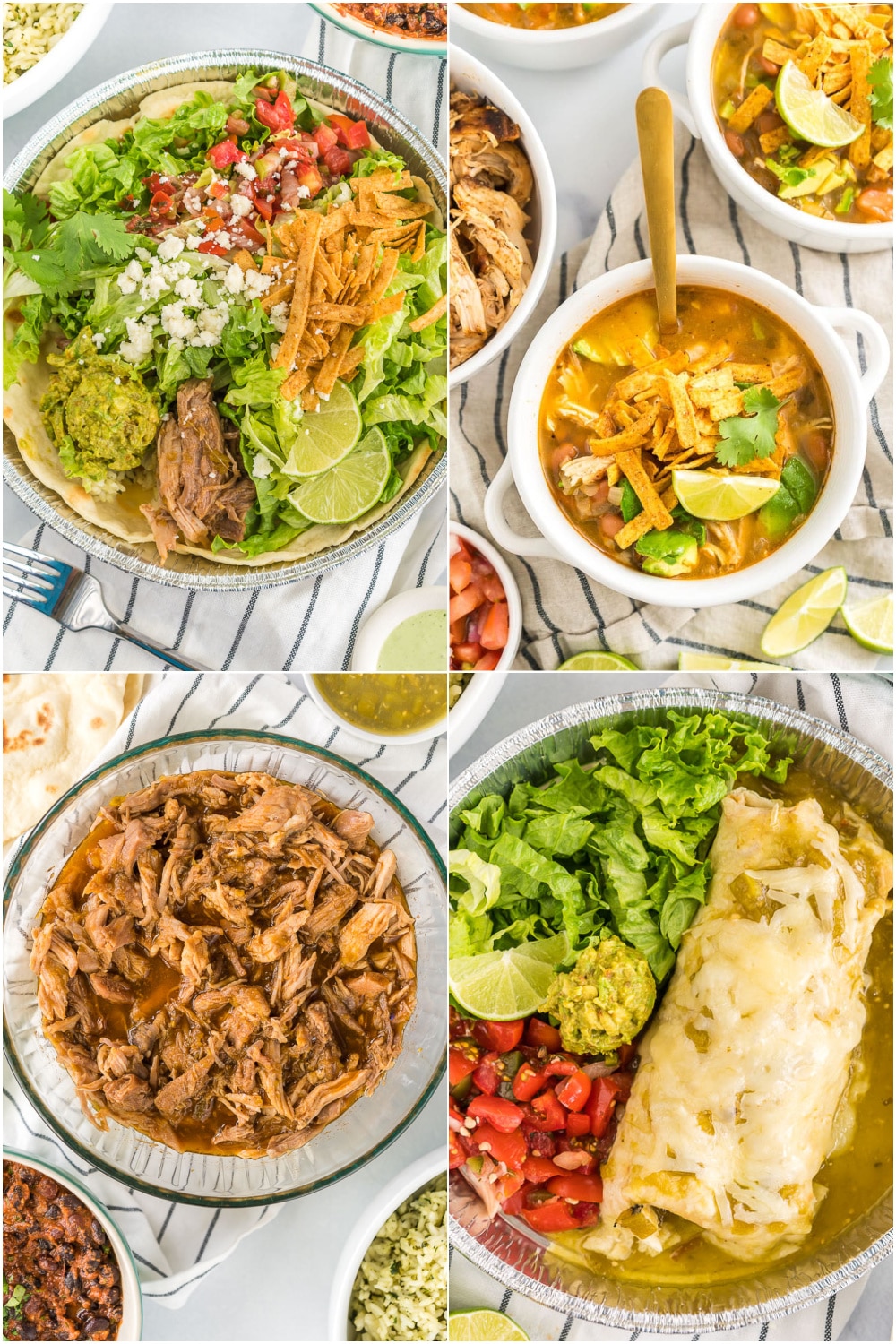 Tall collage of Cafe Rio Recipes featuring salad, burritos, soup, and sweet pork