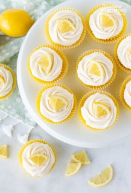 Lemon Cupcakes on a cake stand.