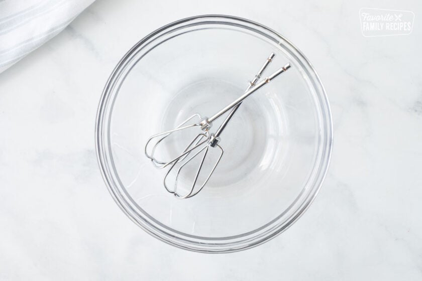 Chilled bowl and beaters to whip cream for Costco Peanut Butter Chocolate Cream Pie.