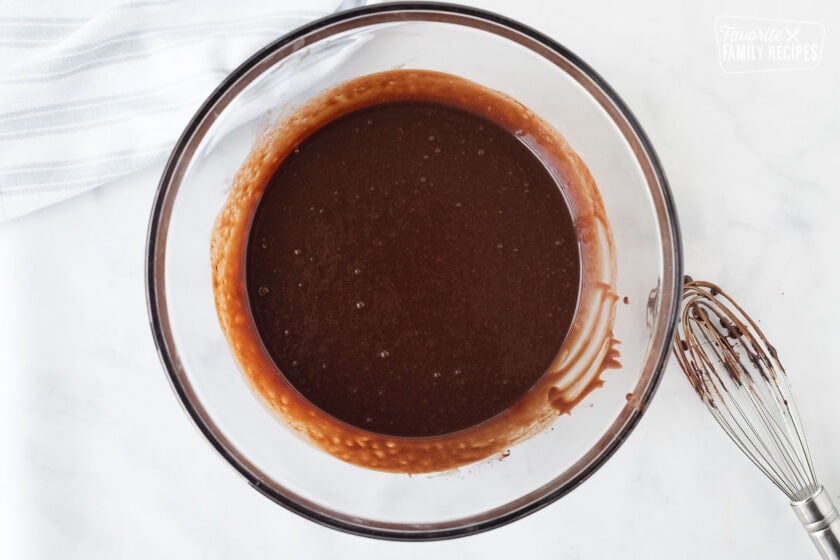 Mixing bowl with chocolates combined for Costco Peanut Butter Chocolate Cream Pie.