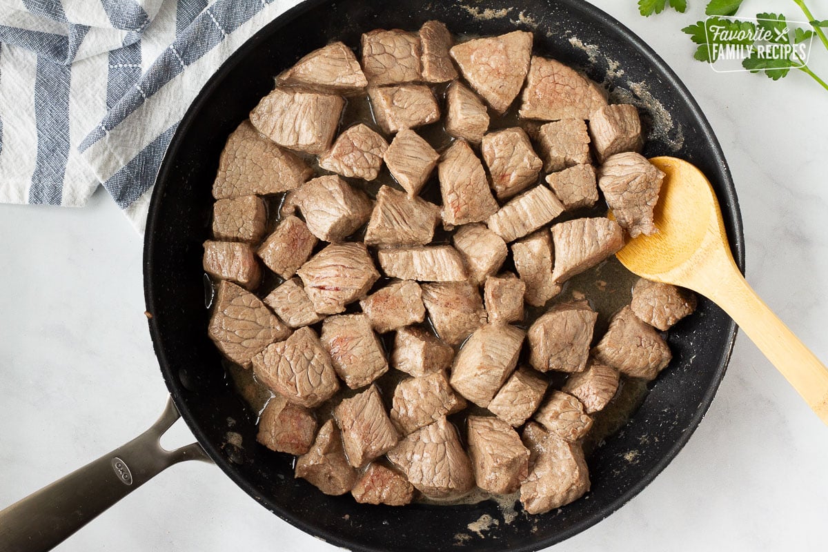 Pan with seared beef cubes for Hearty Beef Stew.