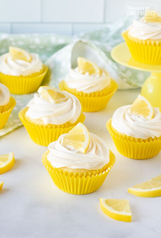 Lemon Cupcakes decorated with fresh lemon slices.