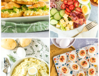 A collage of photos of recipes with hard boiled egg recipes.