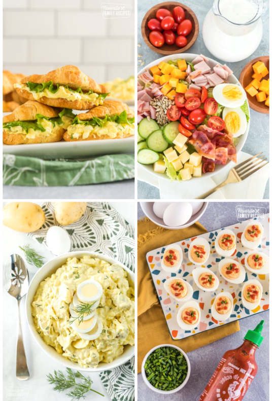A collage of photos of recipes with hard boiled egg recipes.