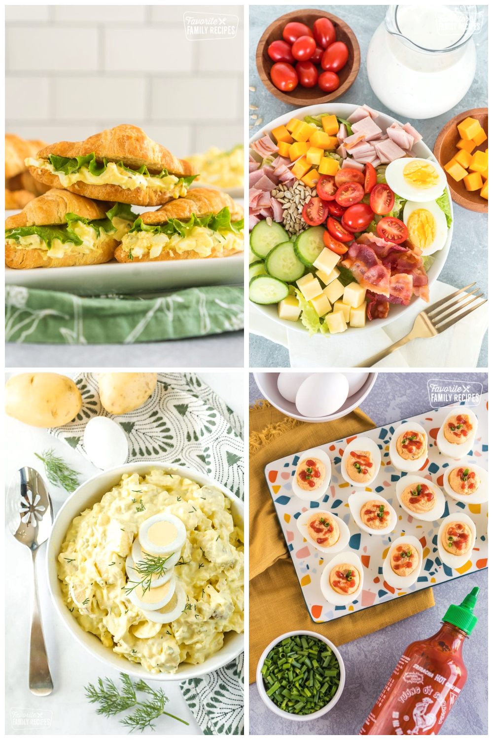 A collage of photos with hard boiled eggs recipes. 