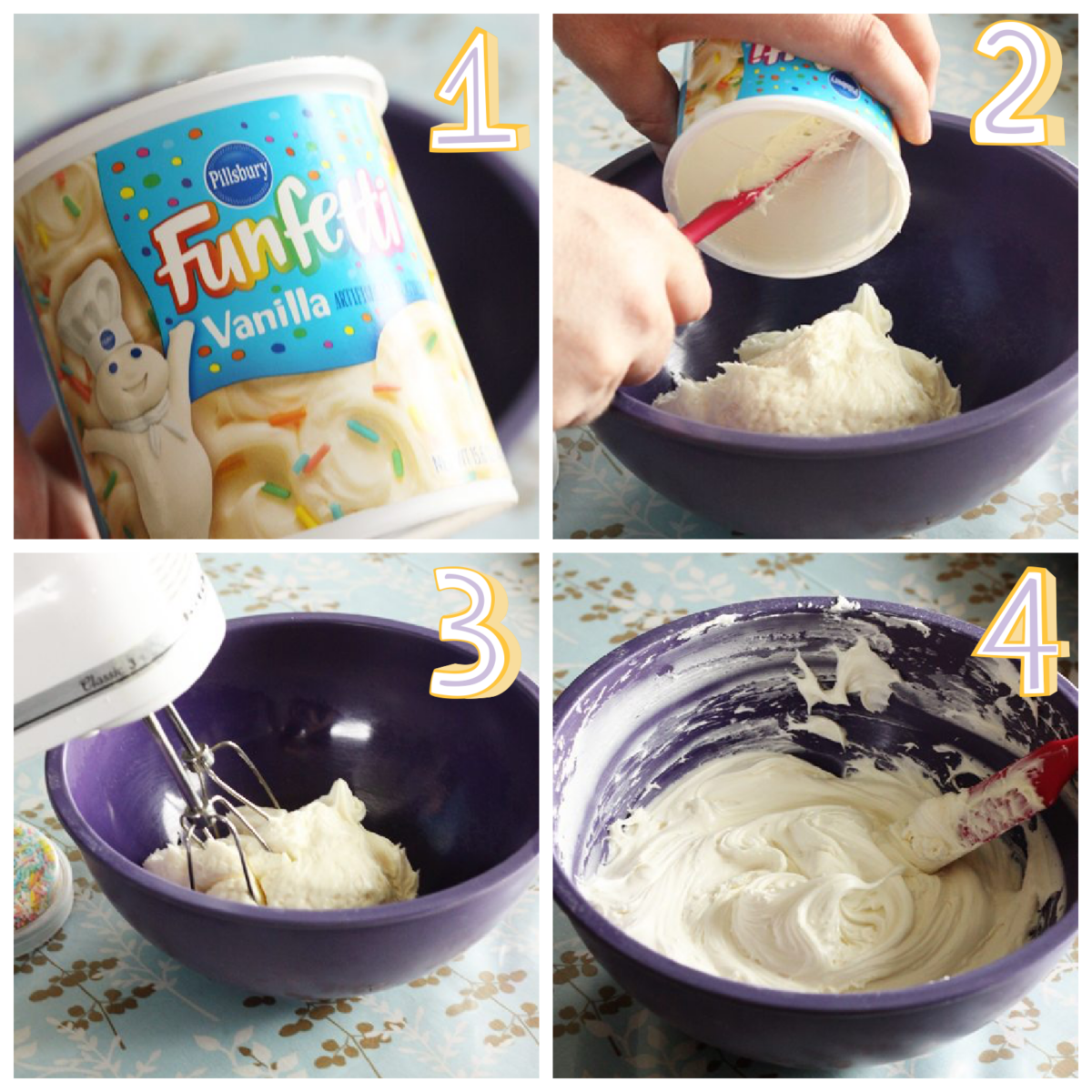 A collage showing step by step instructions on how to make fluffy frosting for filled cupcakes