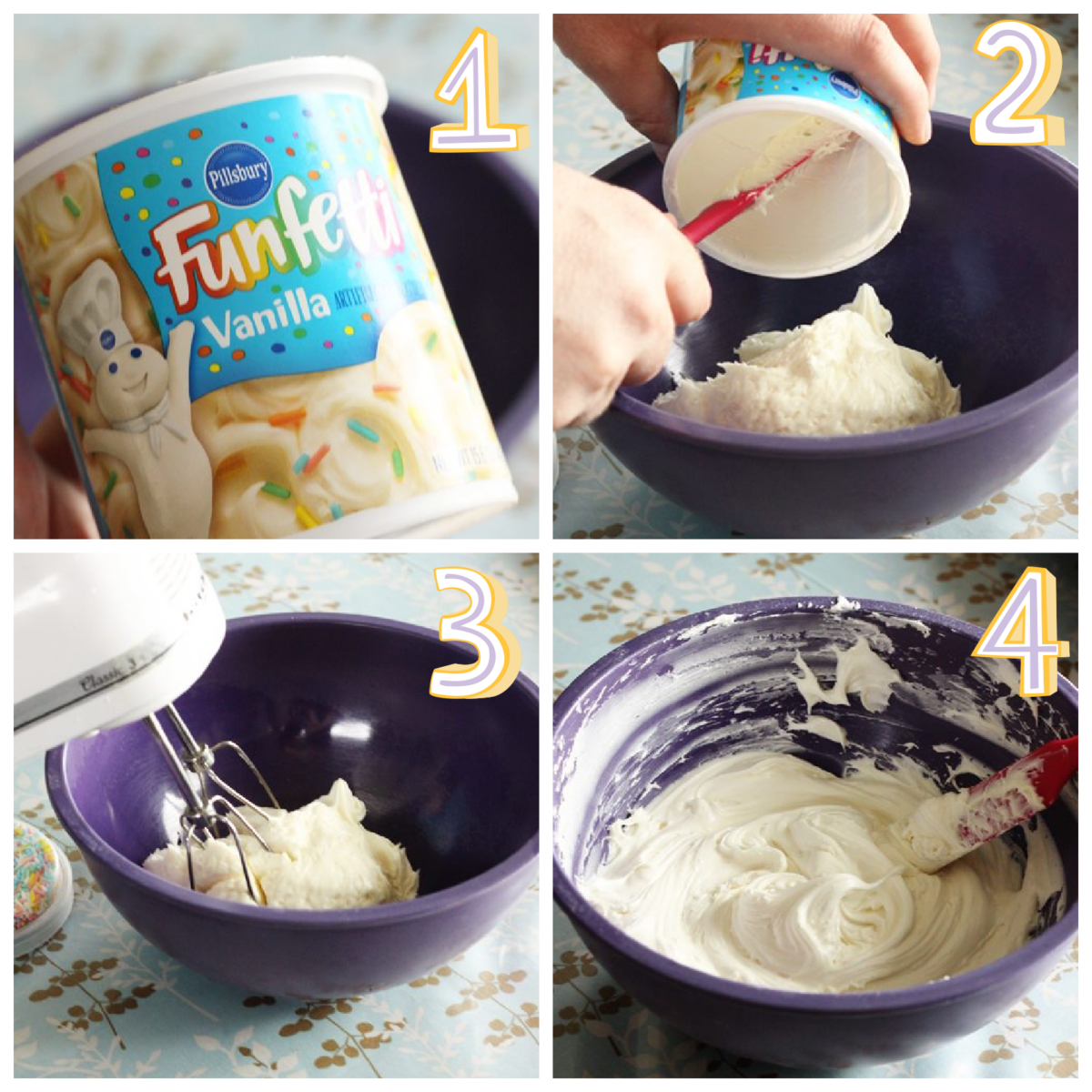 A collage showing step by step instructions on how to make fluffy frosting for filled cupcakes.