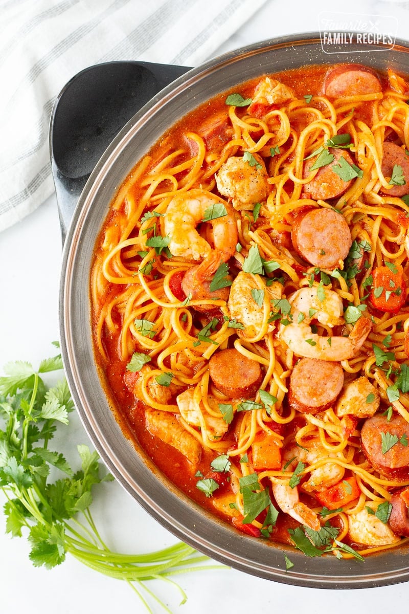 One pot Jambalaya Pasta with cilantro.