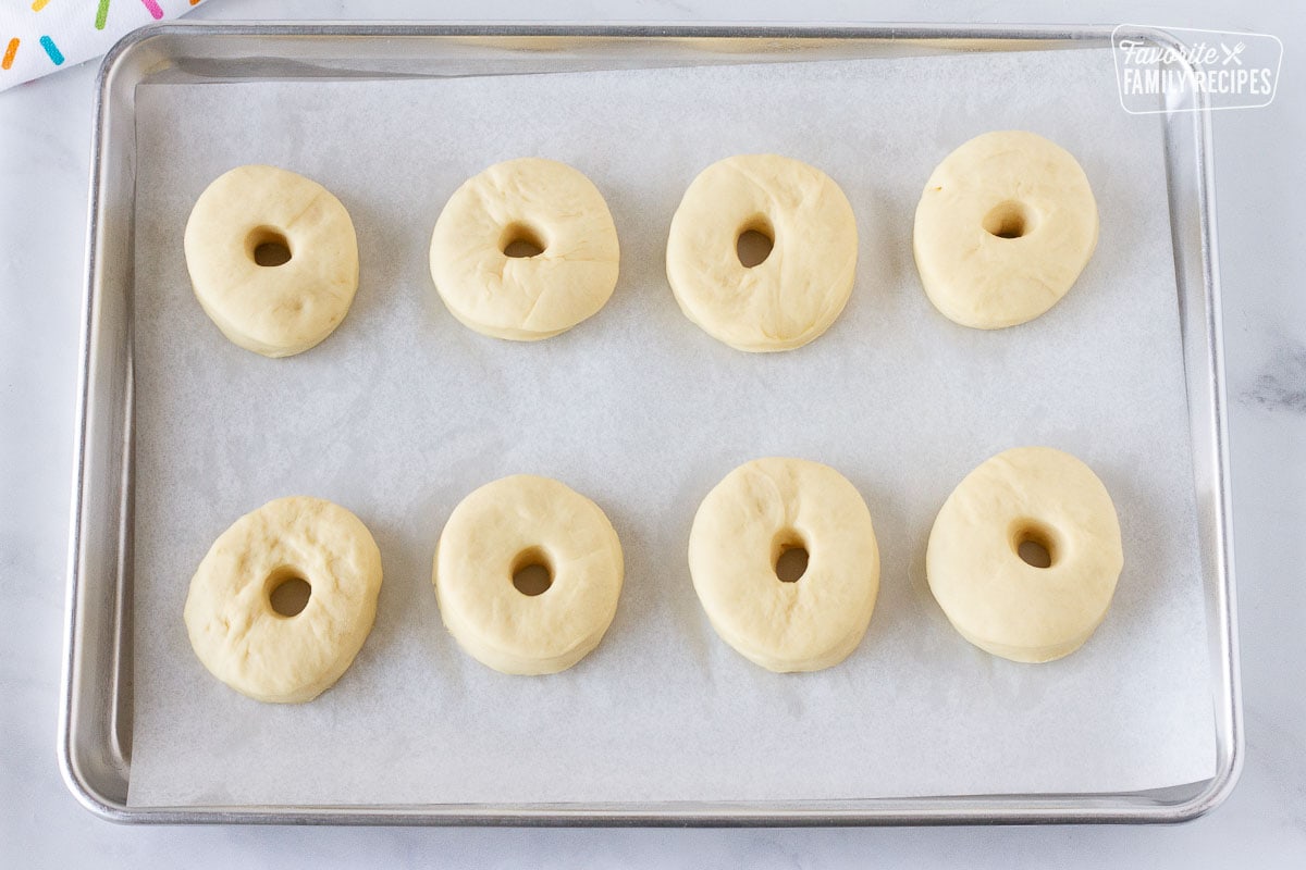 Baking sheet covered with parchment paper with eight risen cut out Homemade Donuts.