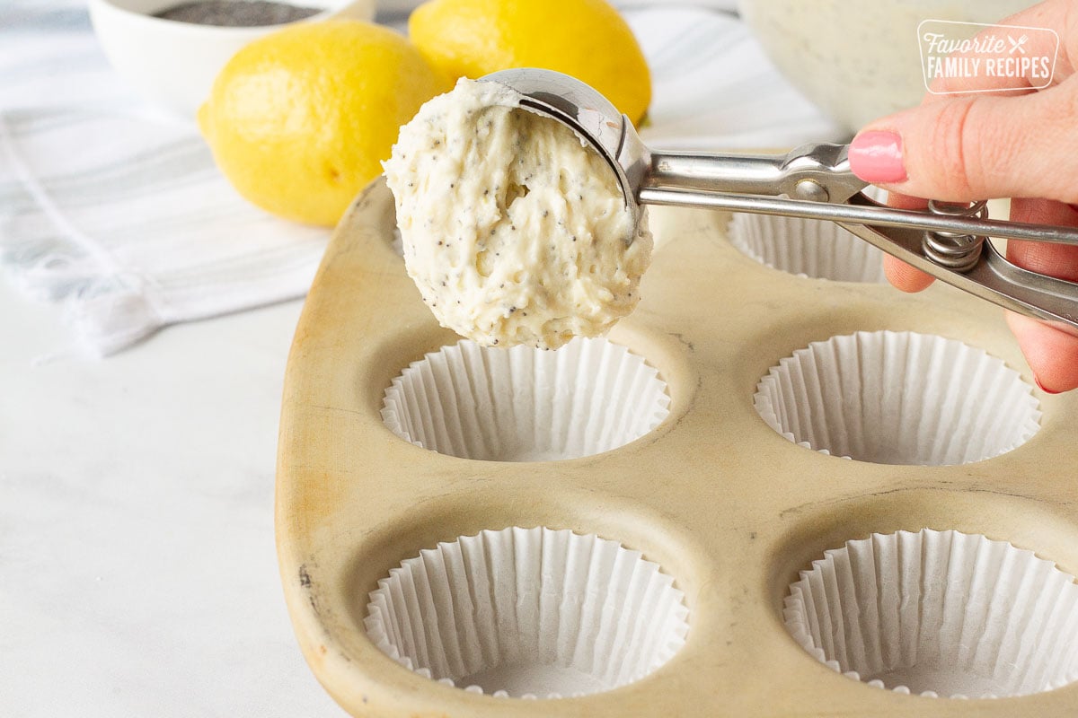 Cooking scoop pouring batter into a lined muffin pan to make Lemon Poppy Seed Muffins.