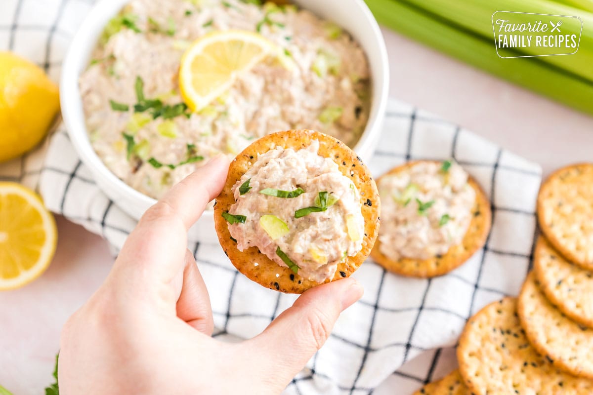 Tuna salad on a cracker.