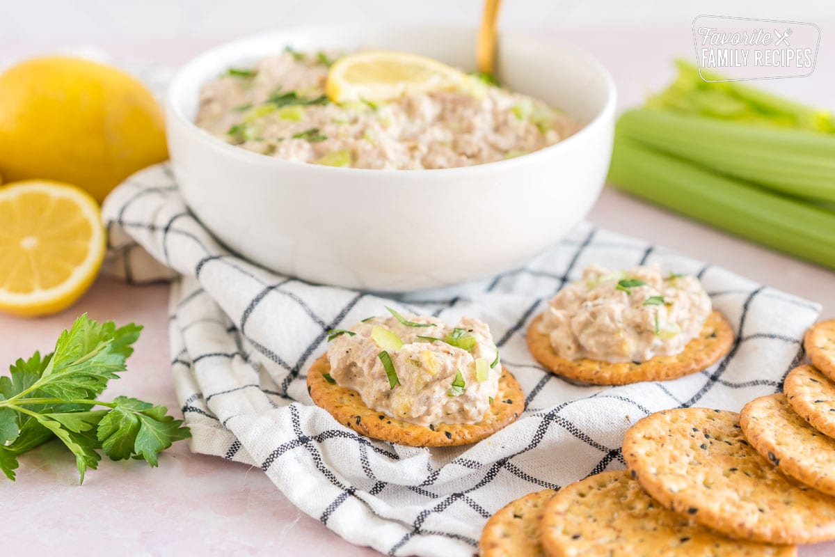 tuna salad scooped onto crackers