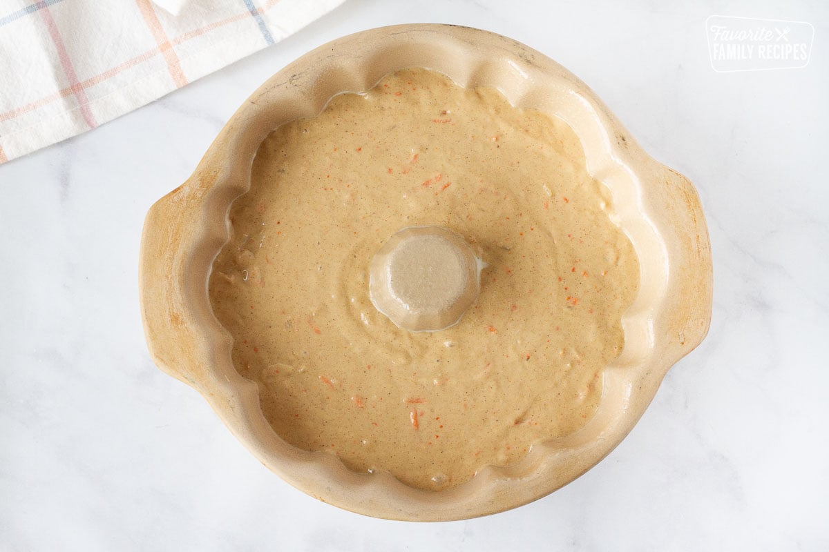 Bundt pan with Carrot Cake batter.