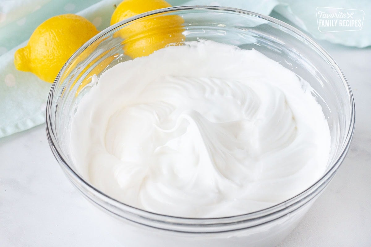 Bowl of whipped meringue for Lemon Meringue Pie.