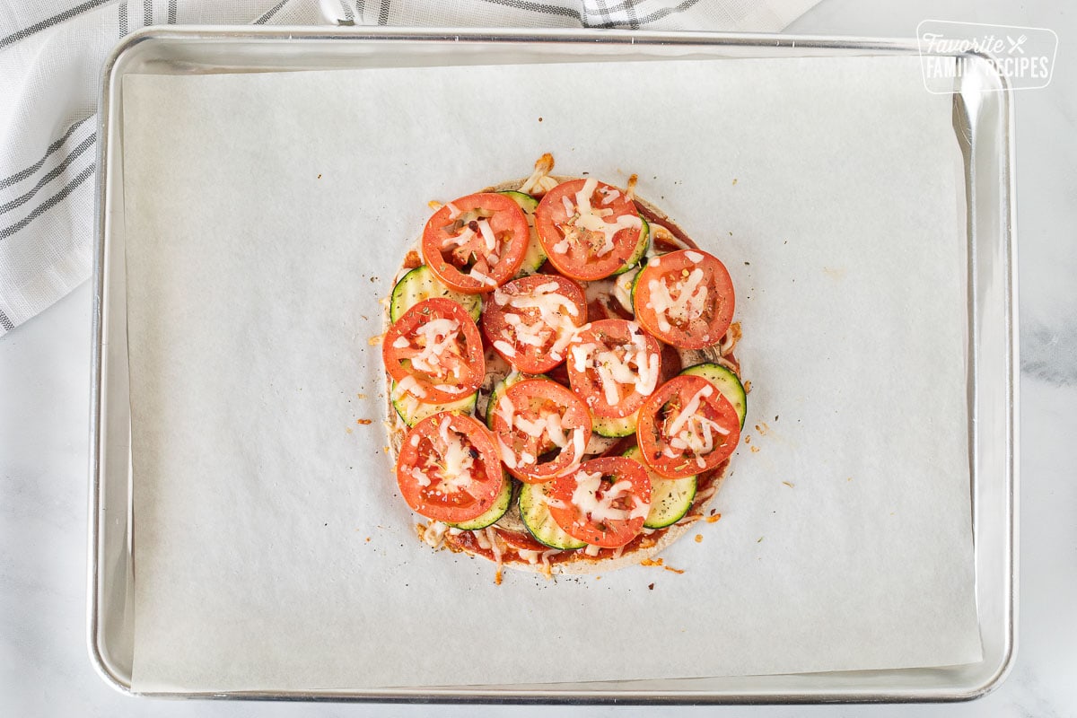 Baked Healthy Pizza on a baking sheet.