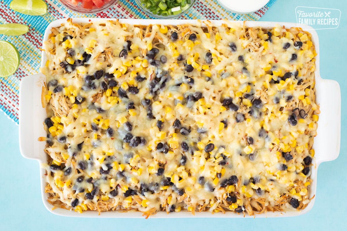 Baked Mexican Chicken Casserole with melted pepper jack cheese.