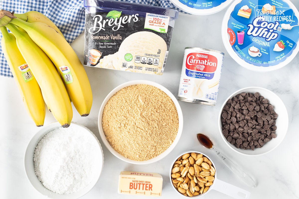 Ingredients for Banana Split Dessert including bananas, ice cream, cool whip, evaporated milk, chocolate chips, vanilla, butter, powdered sugar, graham cracker crumbs and peanuts.