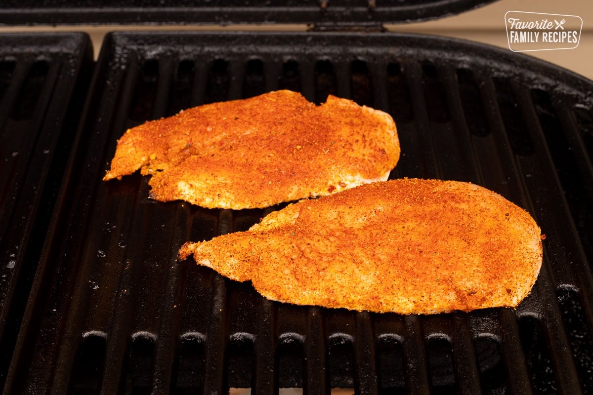 Grilling chicken for Chicken Tortas on the barbecue.