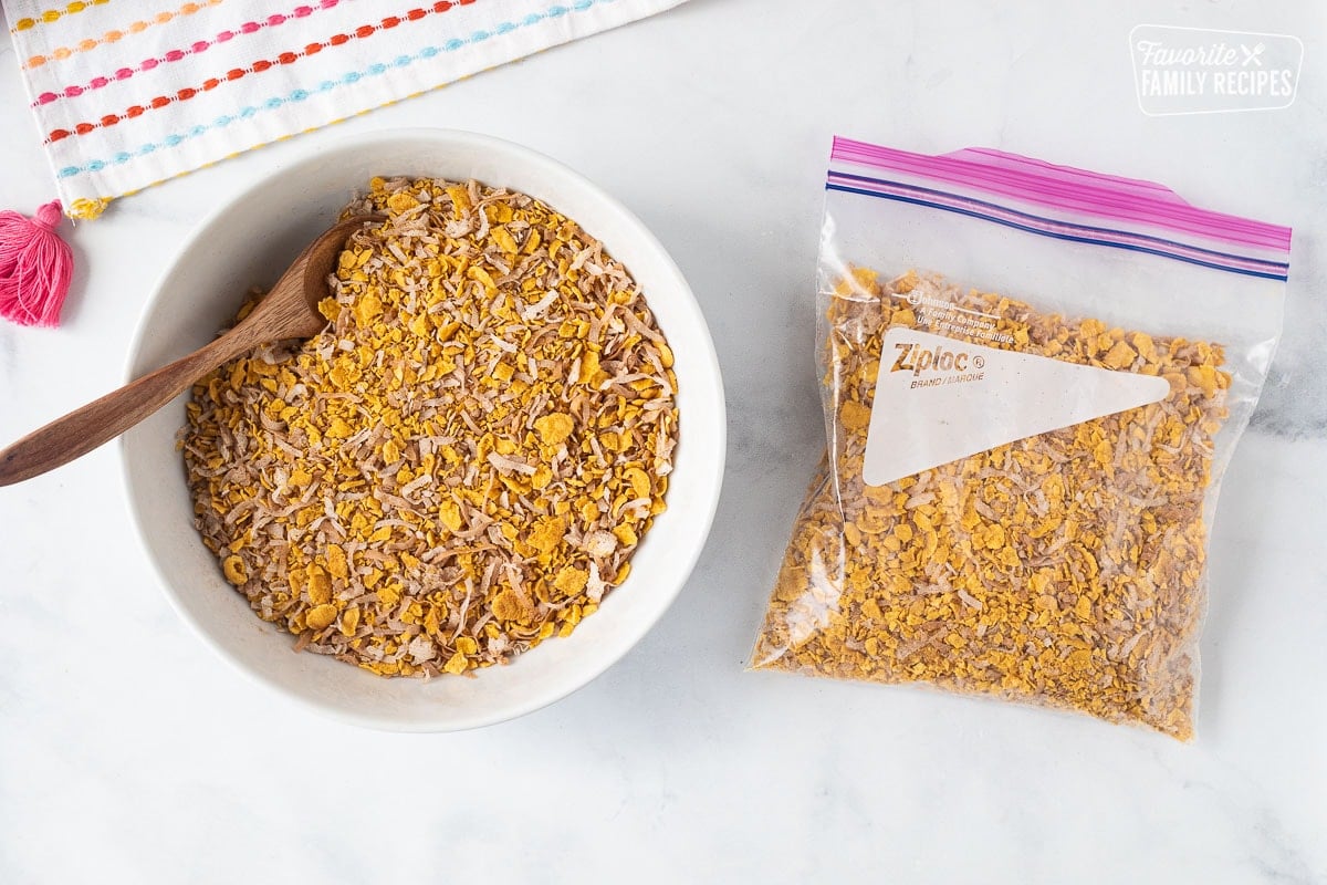 Coating for Fried Ice Cream in a bowl and some in a ziplock bag.