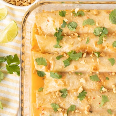 Dish of baked and garnish Thai Chicken Enchiladas with peanuts and cilantro.