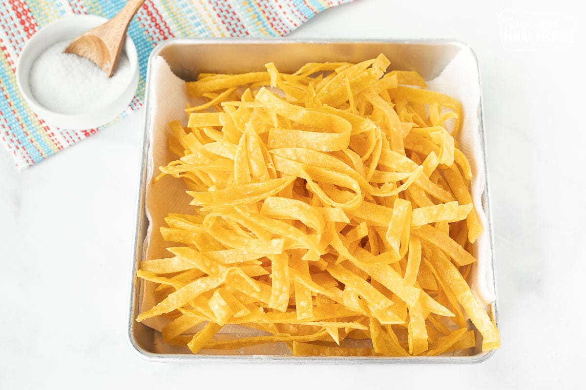 Dish of salted Tortilla Strips.