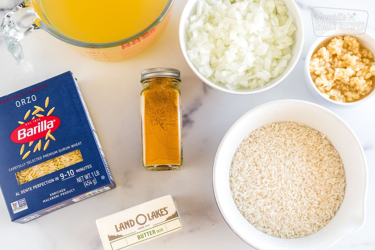 orzo, turmeric, butter, rice, garlic, onions, and chicken broth