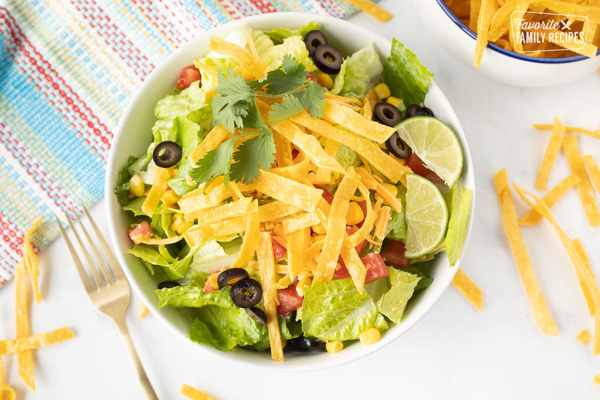 Salad bowl topped with fresh Tortilla Strips.