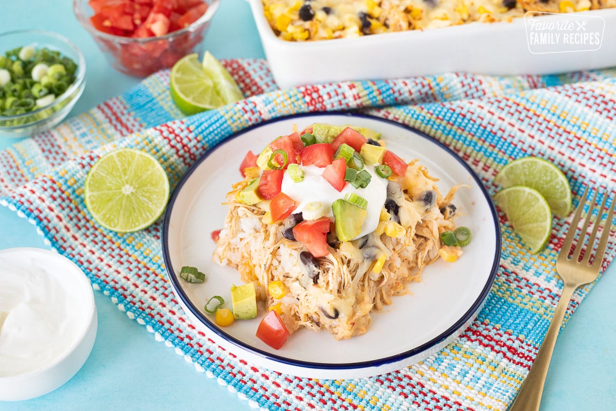 Plate of Mexican Chicken Casserole with sour cream, tomatoes, avocado and green onions.