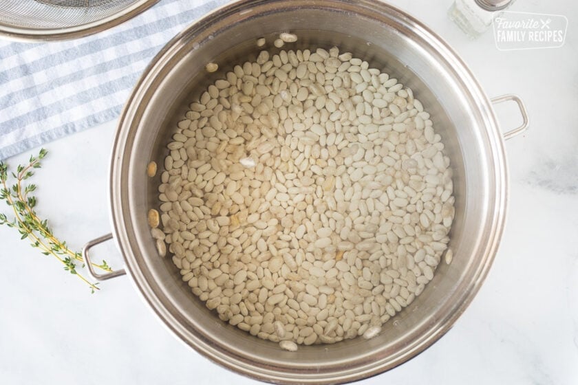 Pot of white beans soaking in boiling water for Ham and Bean soup.