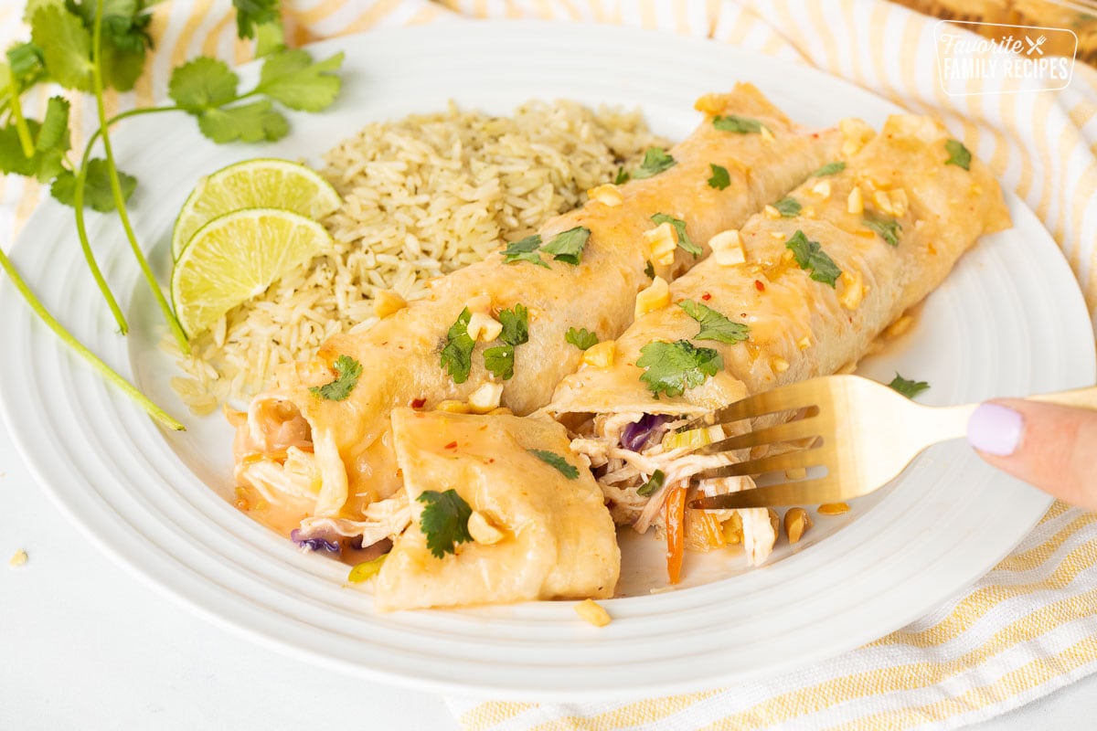 Fork cutting into Thai Chicken Enchiladas.