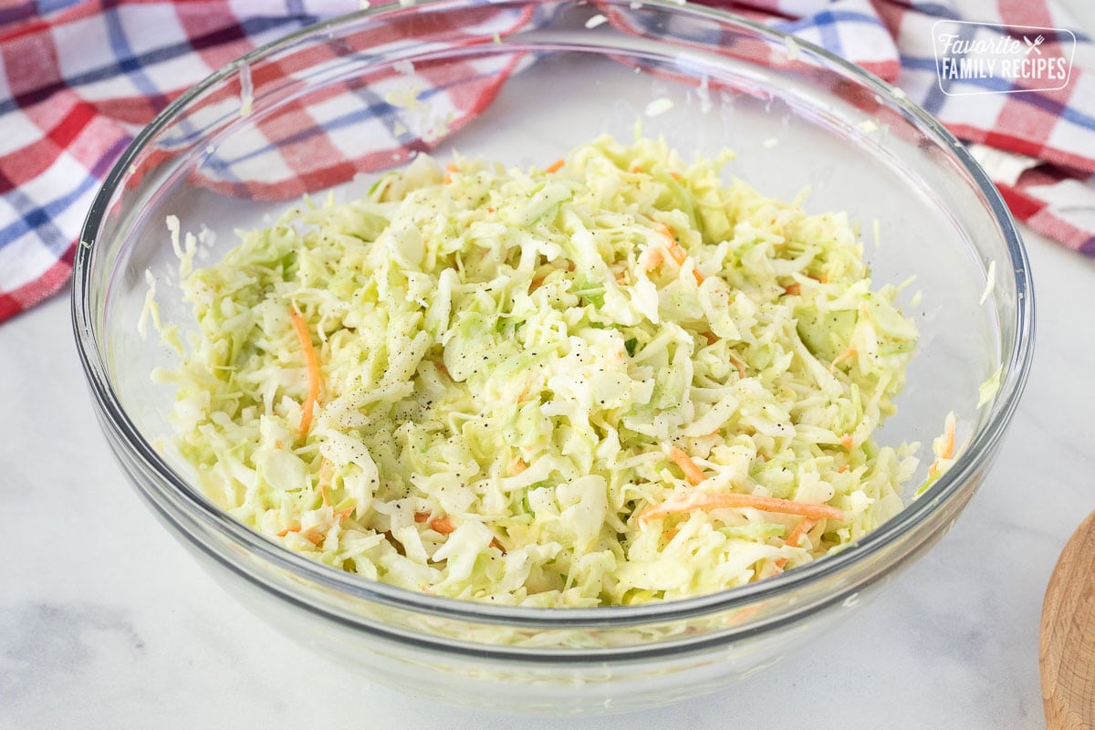 Side view of a large bowl of Coleslaw.