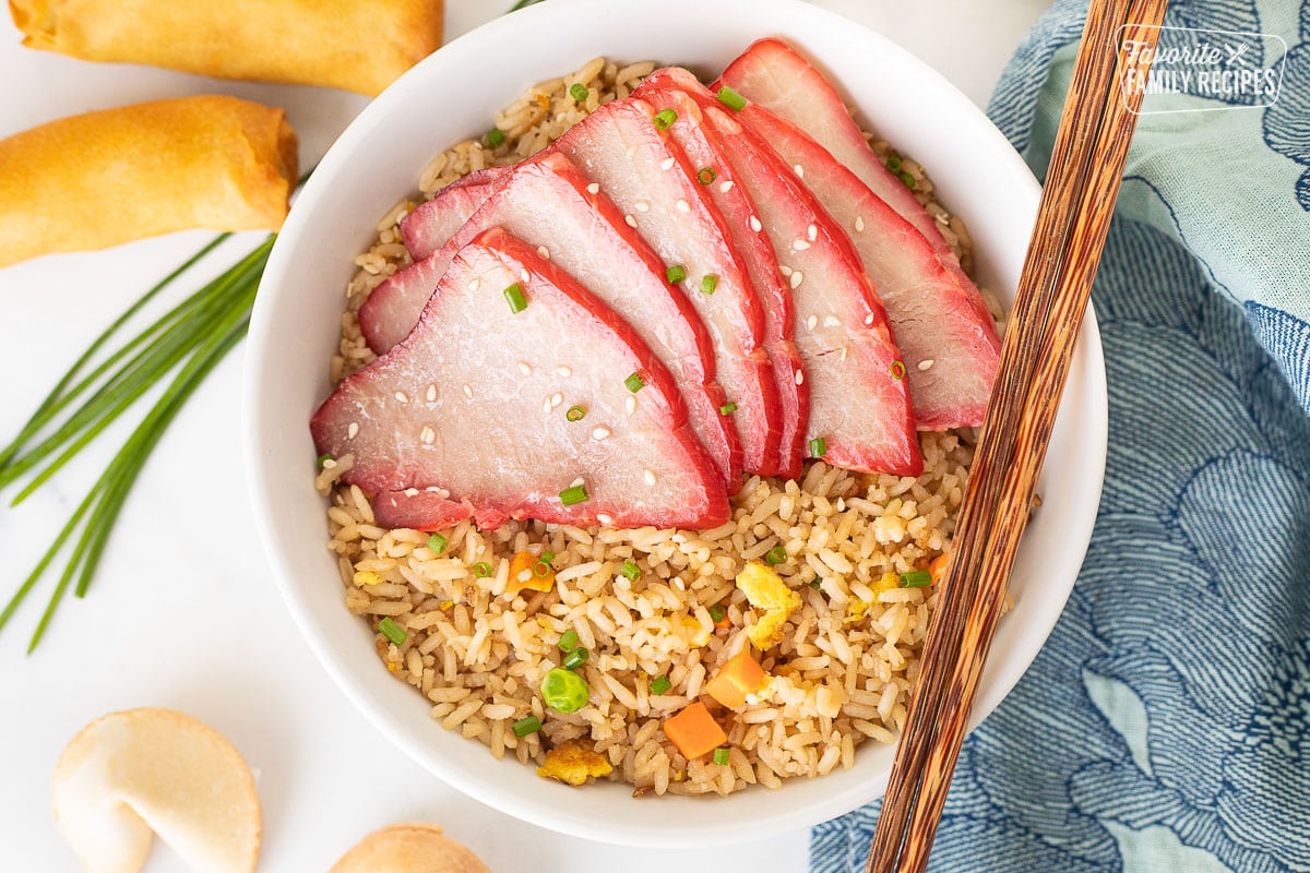 Bowl with fried rice and Pork Char Siu (Chinese BBQ Pork).